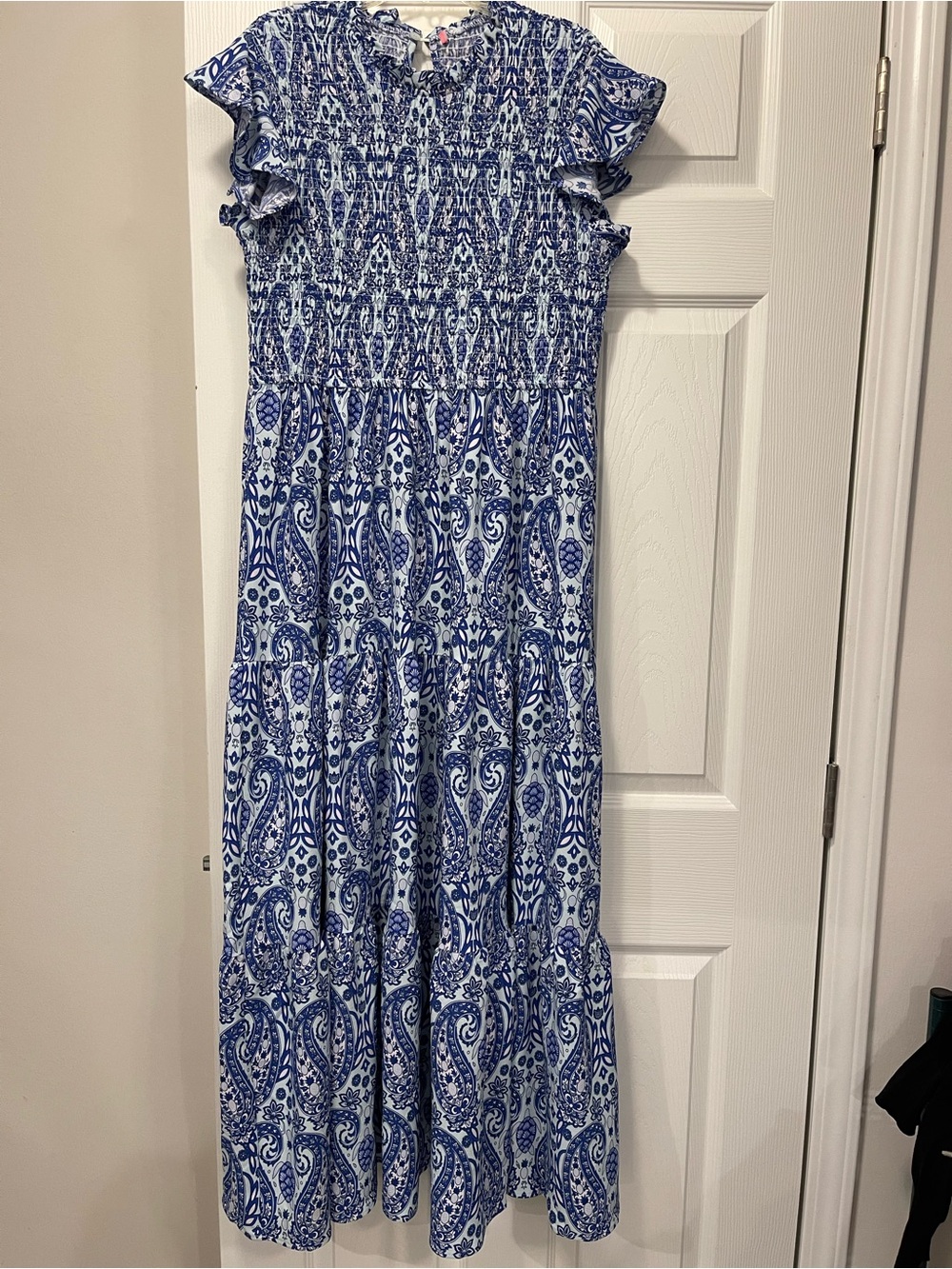 Blue & White Printed Smocked Maxi Dress